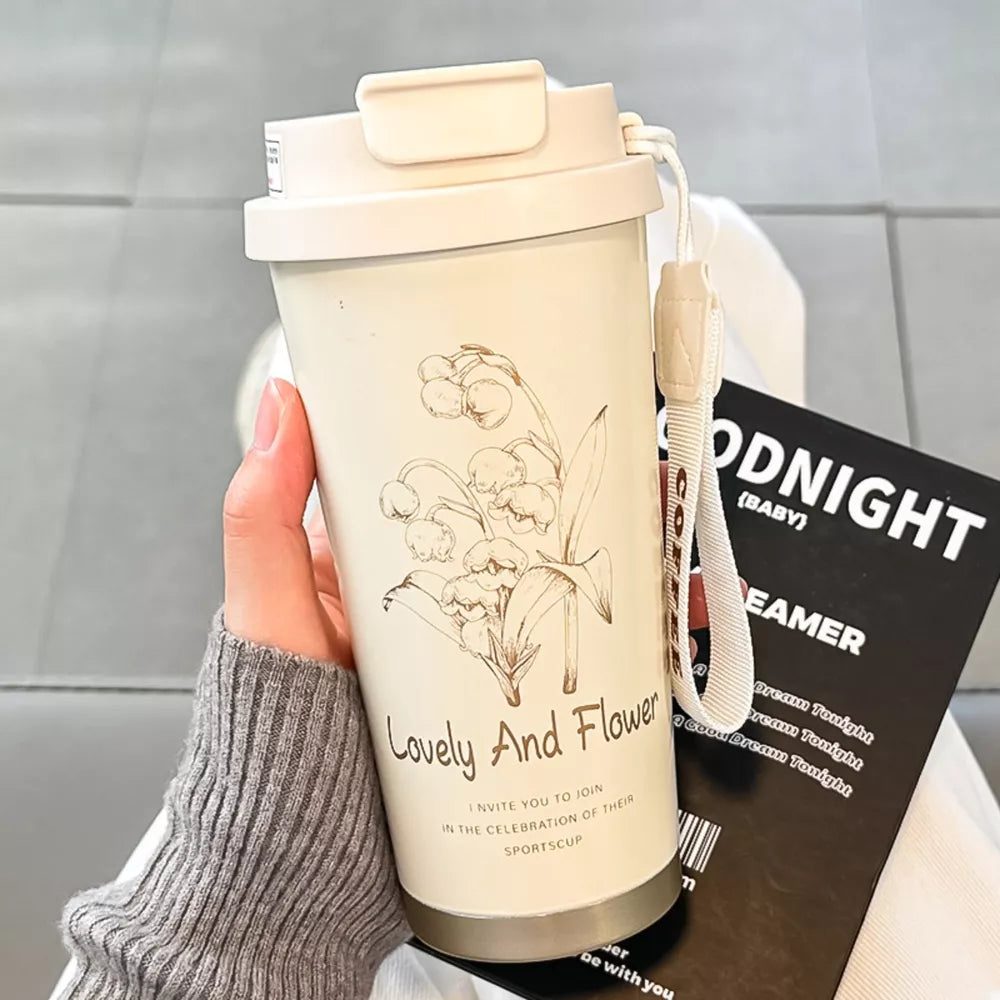 Flower Aesthetic Tumbler with Straw | 500ml Stainless Steel Insulated Cup | Gift for Her