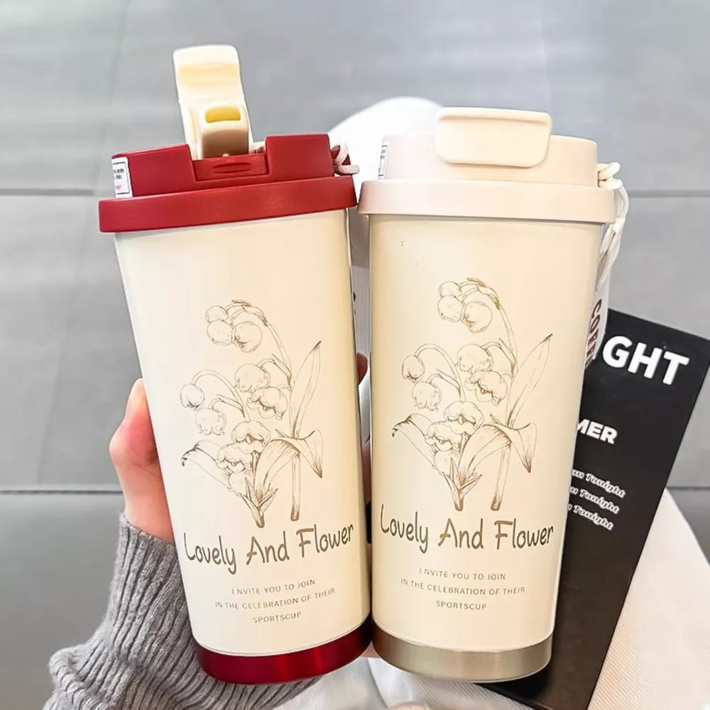 Flower Aesthetic Tumbler with Straw | 500ml Stainless Steel Insulated Cup | Gift for Her