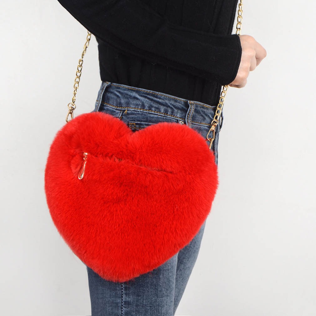 Heart-Shaped Plush Crossbody Bag – Valentine's Day Chain Shoulder Purse for Women