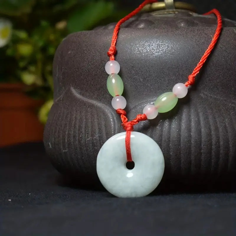 Natural Jadeite Peace Donut Pendant Necklace | Healing Crystal Stone & Adjustable Braided Cord