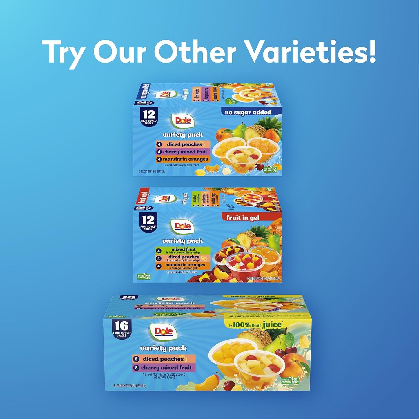 Dole Fruit Bowls No Sugar Added Variety Pack | 4 oz Cups, 12 Pack
