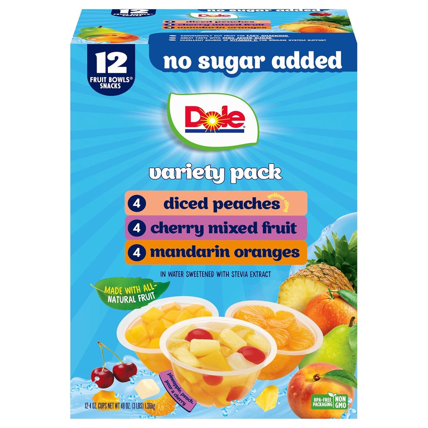 Dole Fruit Bowls No Sugar Added Variety Pack | 4 oz Cups, 12 Pack