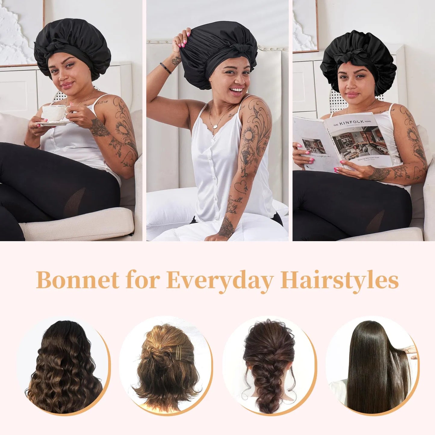 Satin Sleep Bonnet for Natural Hair – Adjustable Silk Hair Cap for All Hair Types (1A–4C)