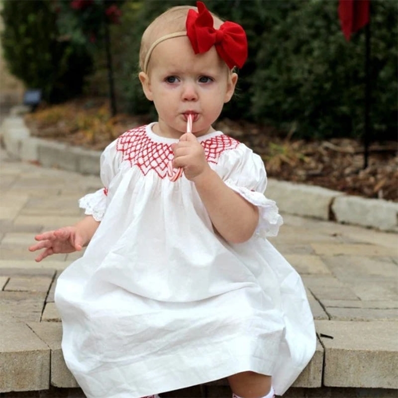 Baby Girl Valentine's Day Dress | White Lace & Red Heart Embroidery