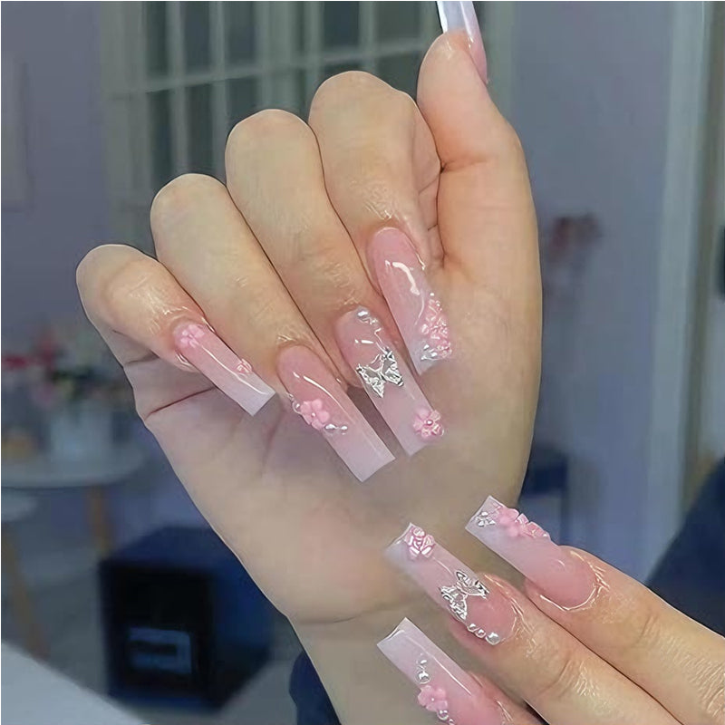 Press-On Nails | 24-Piece Butterfly Floral Diamond Set | Long Square