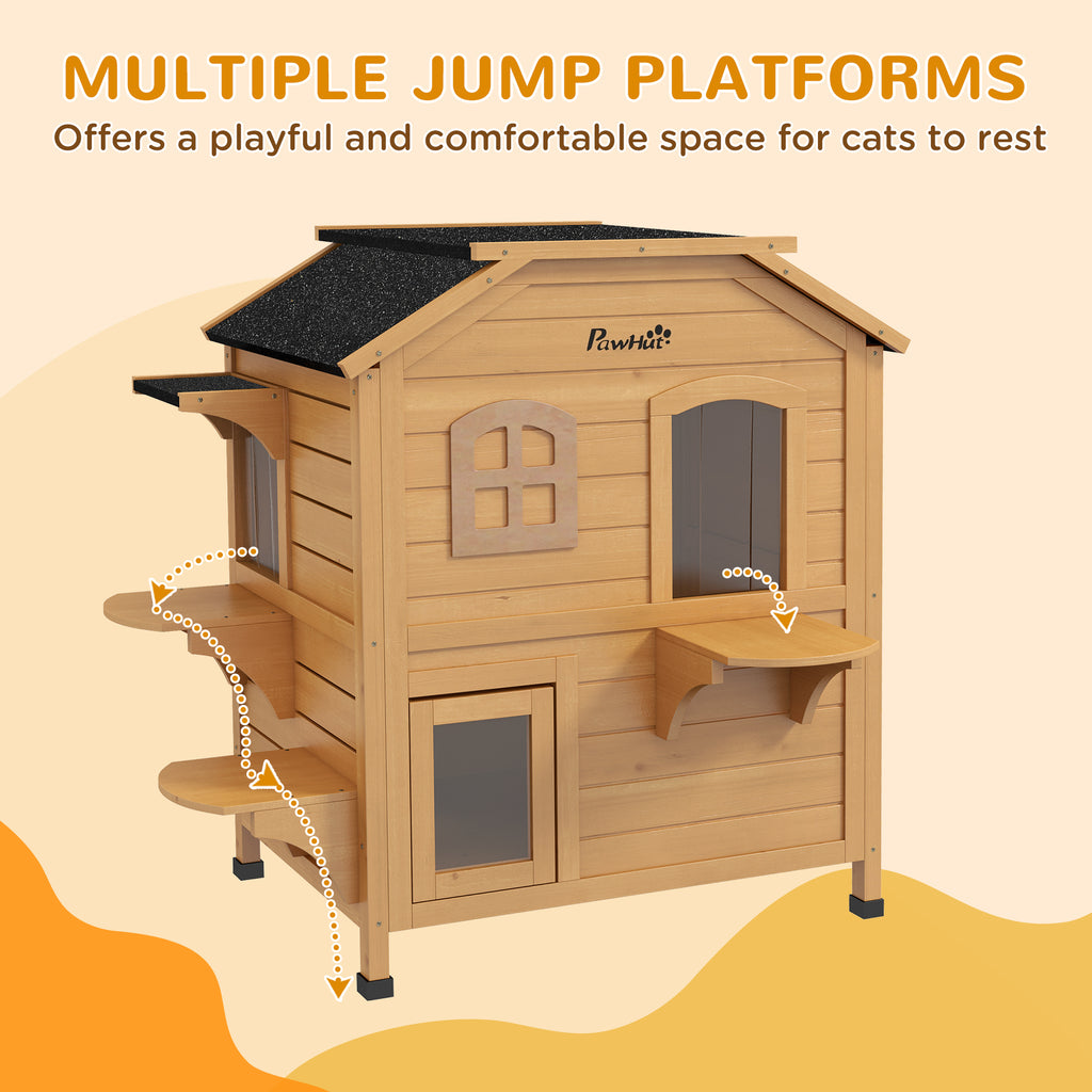Outdoor Cat House - 2-Story Weatherproof Wooden Shelter with Escape Door & Asphalt Roof