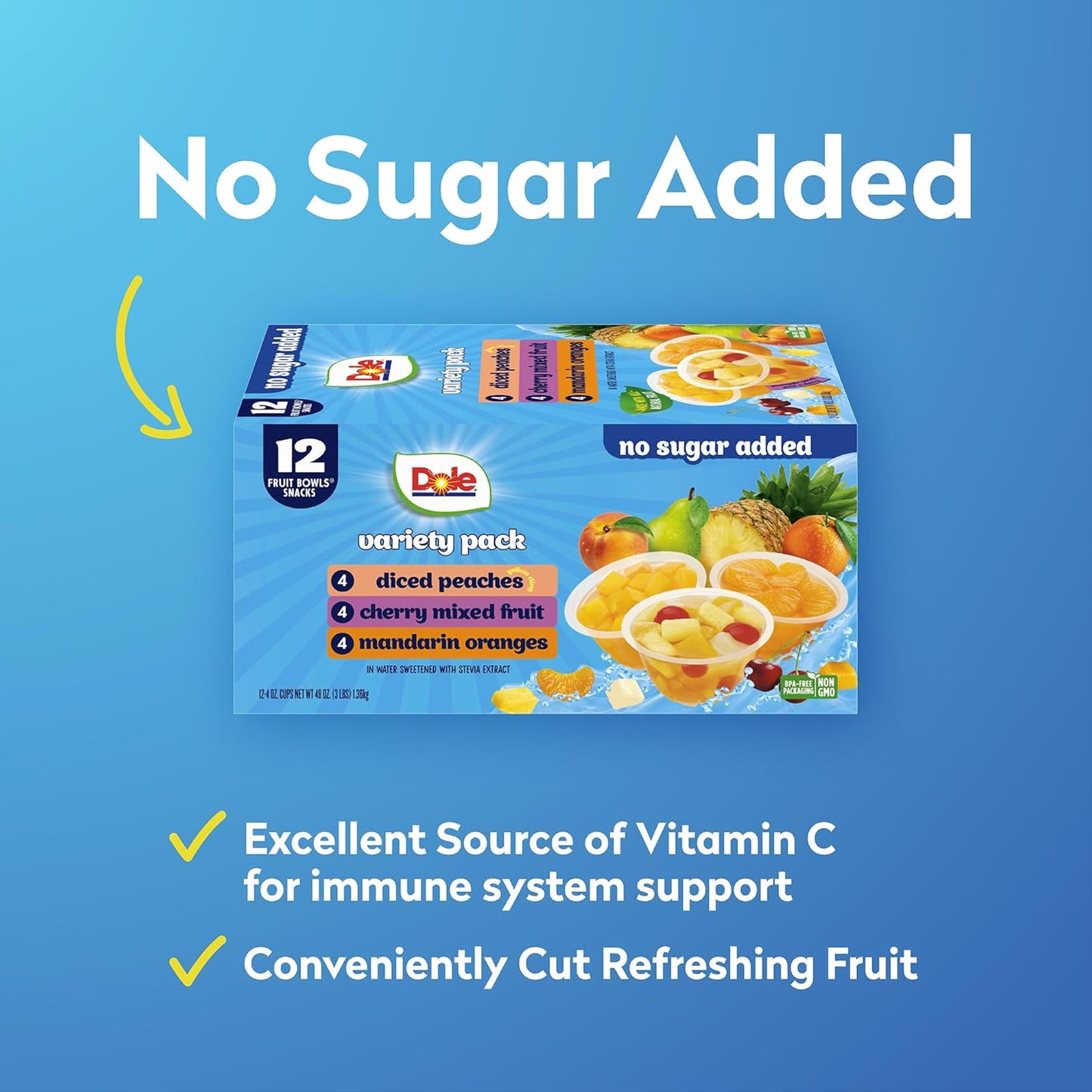 Dole Fruit Bowls No Sugar Added Variety Pack | 4 oz Cups, 12 Pack