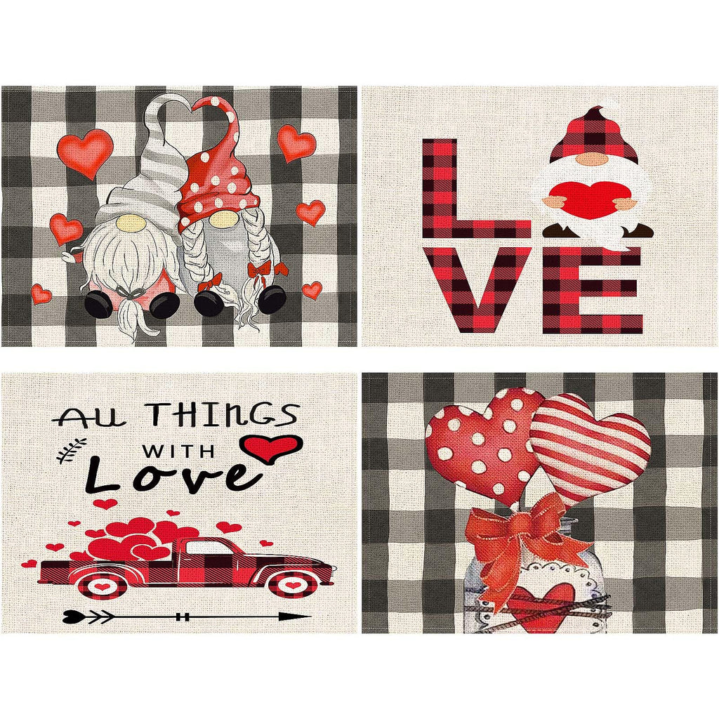 Valentine's Day Gnome Placemats Set of 4 - Heart Pattern Table Mats for Romantic Dinners