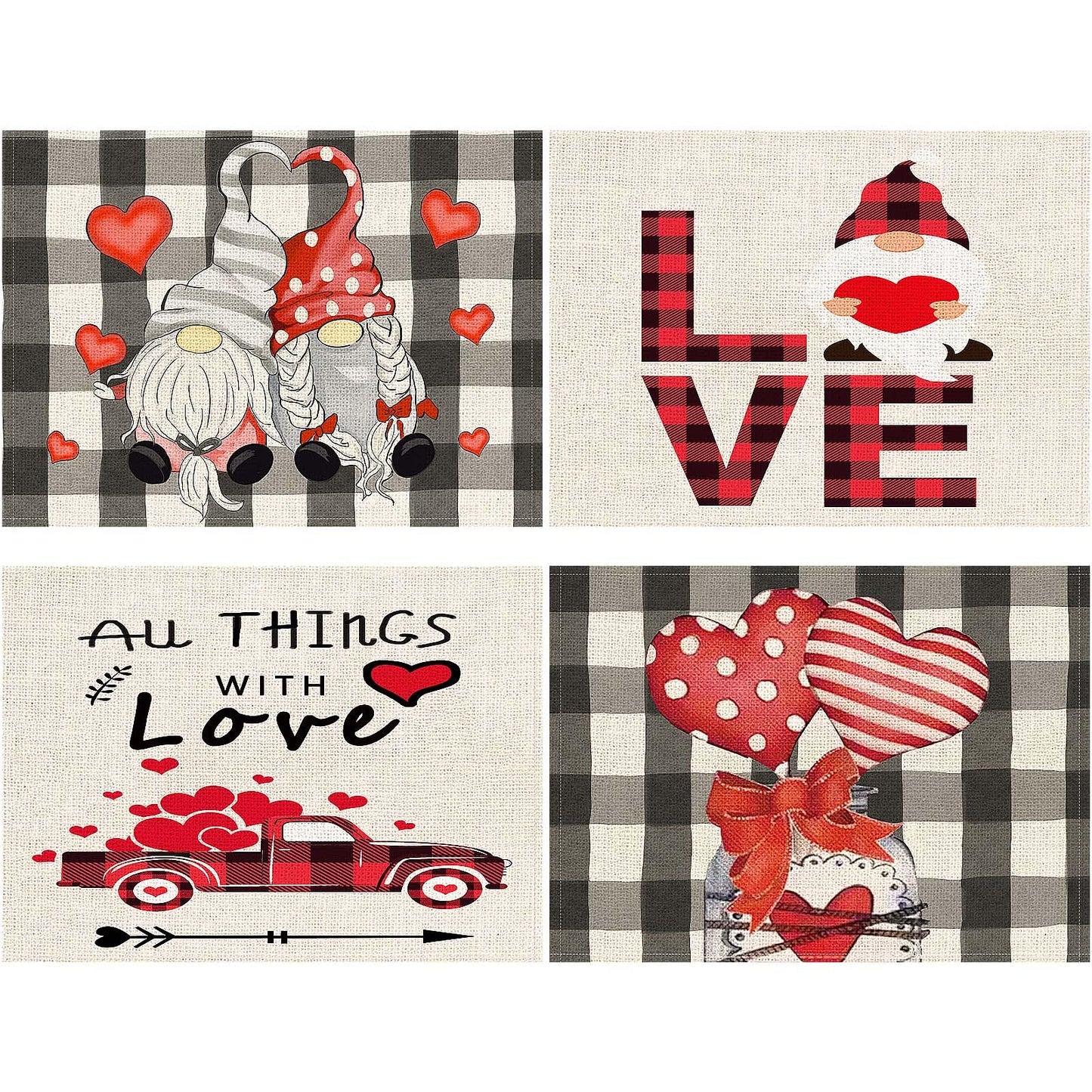 Valentine's Day Gnome Placemats Set of 4 - Heart Pattern Table Mats for Romantic Dinners