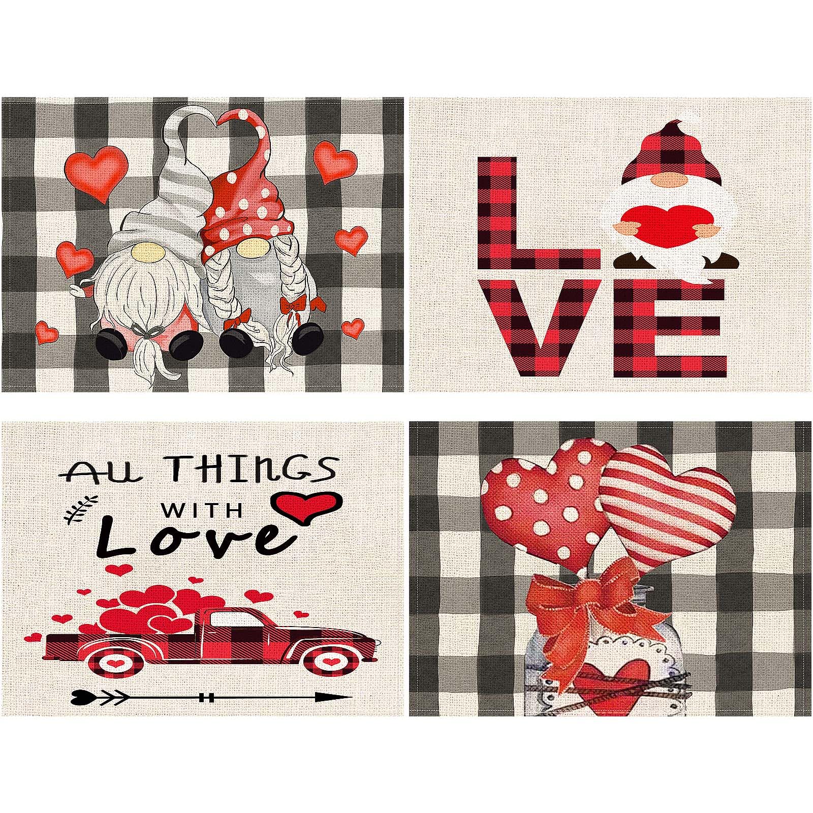 Valentine's Day Gnome Placemats Set of 4 - Heart Pattern Table Mats for Romantic Dinners