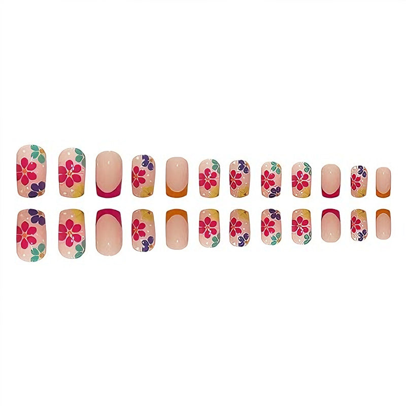 Press On Nails Short Square – French Flower Design, 24-Piece Set with Glue