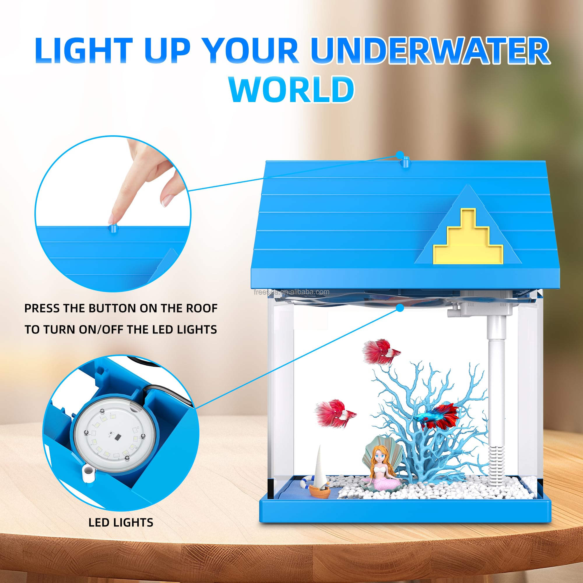 FREESEA 2-Gallon Aquarium Starter Kit with LED Light & Filter - Perfect Desktop Fish Tank for Betta, Goldfish & Shrimp