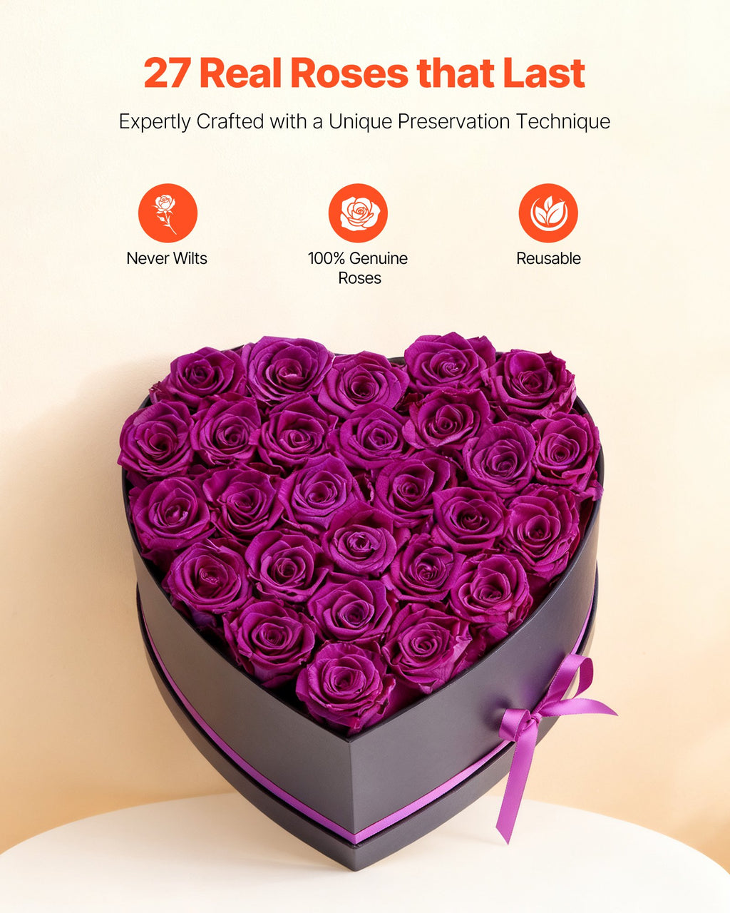 Preserved Rose Heart Box - 27 Real Eternal Roses, Luxury Forever Flowers Gift for Her