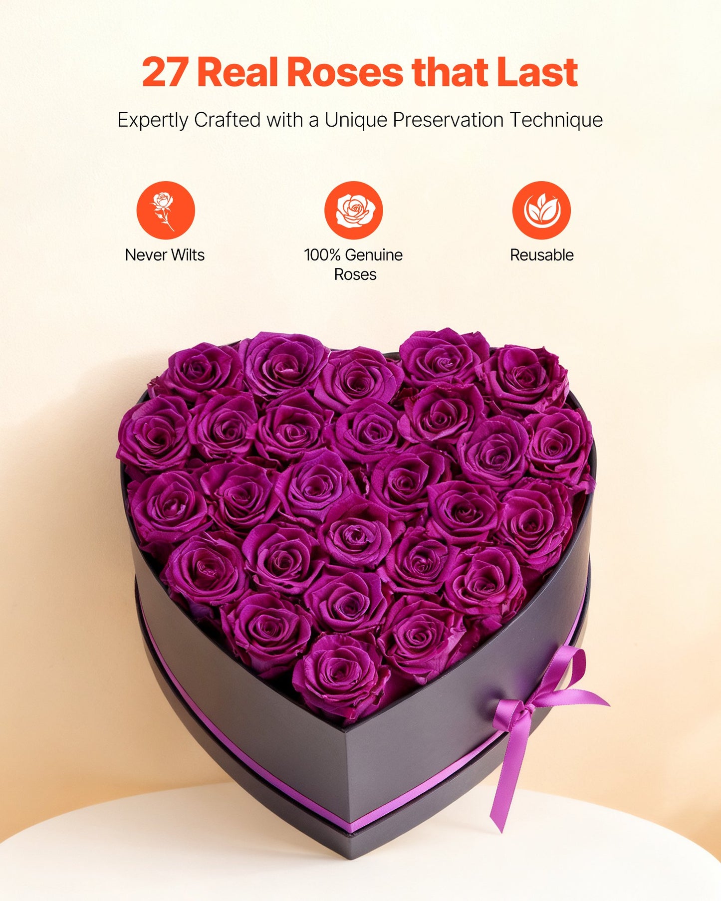 Preserved Rose Heart Box - 27 Real Eternal Roses, Luxury Forever Flowers Gift for Her