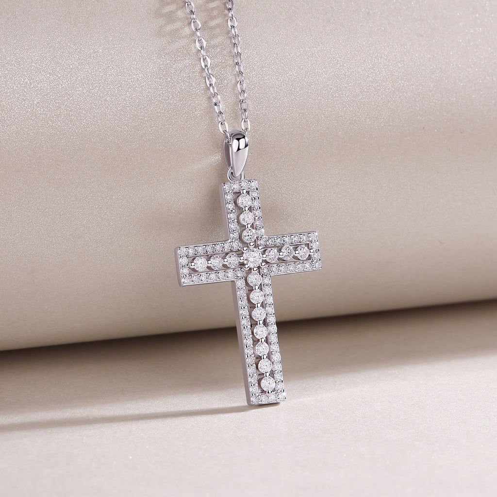 Moissanite Cross Pendant Necklace | S925 Sterling Silver Platinum Plated