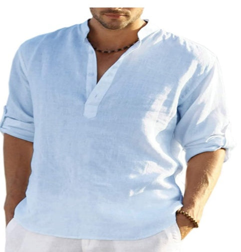 Men's Cotton Linen Embroidered Long Sleeve Shirt - Stand Collar