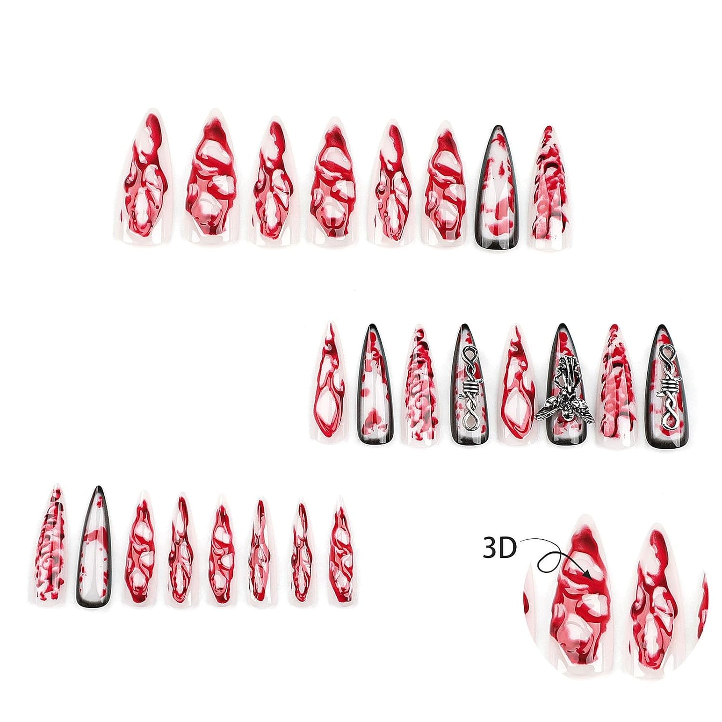 3D Press-On Nails | 24-Piece Extra Long Teardrop False Nail Set