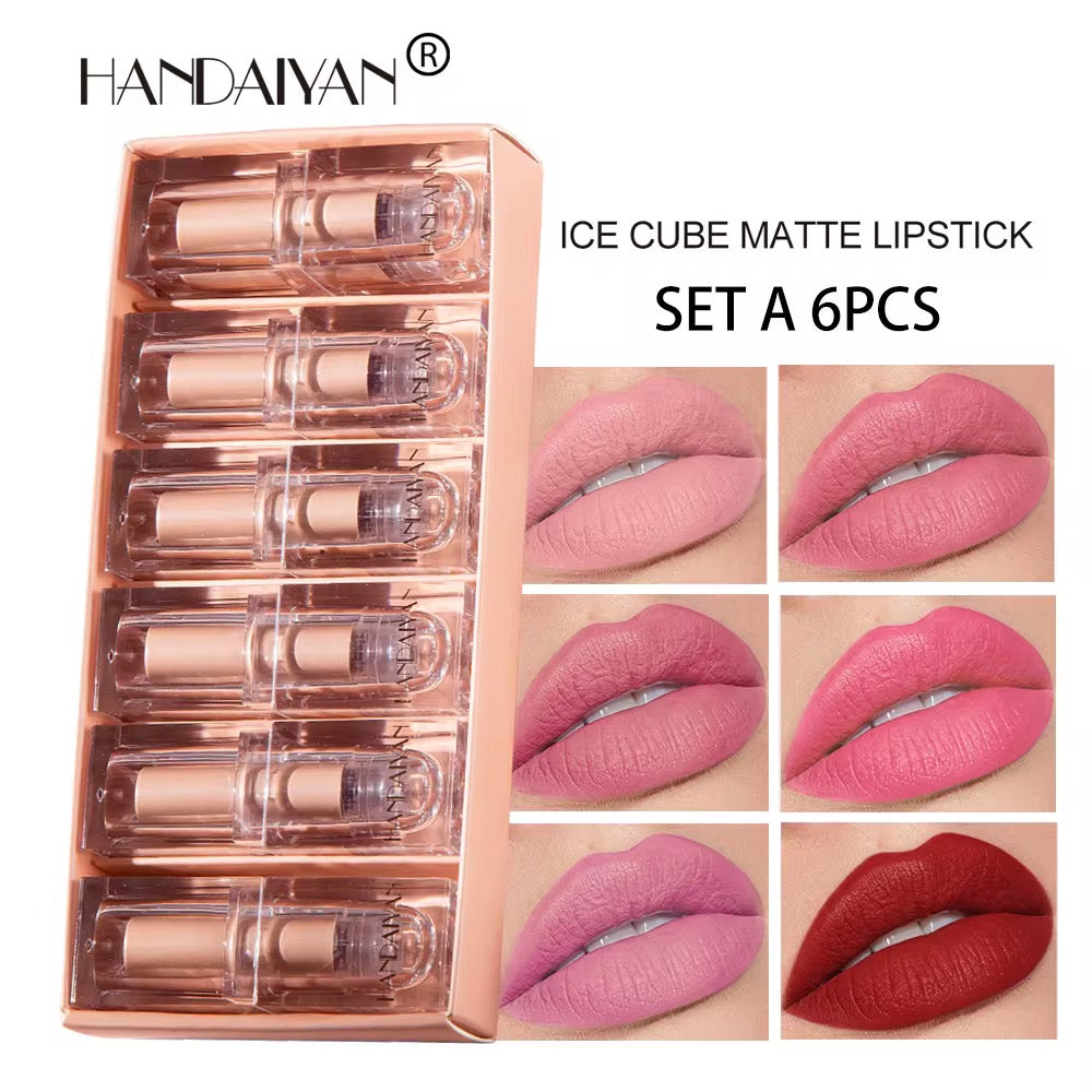 Ice Cube Matte Lipstick Set – 6 Long-Lasting Waterproof Shades | Vitamin E & Plant Oils