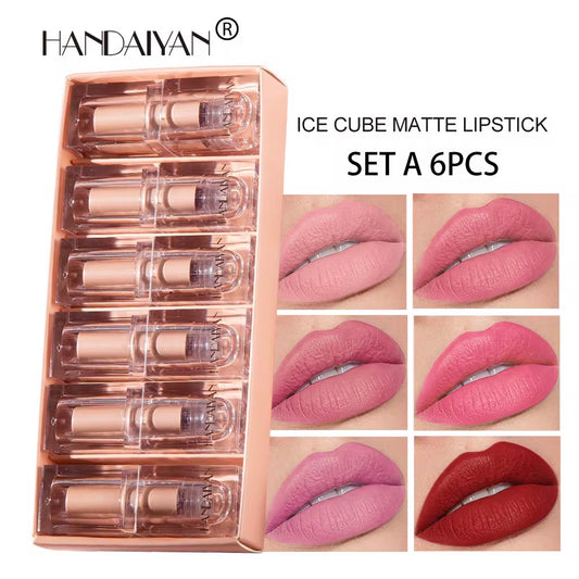 Ice Cube Matte Lipstick Set – 6 Long-Lasting Waterproof Shades | Vitamin E & Plant Oils