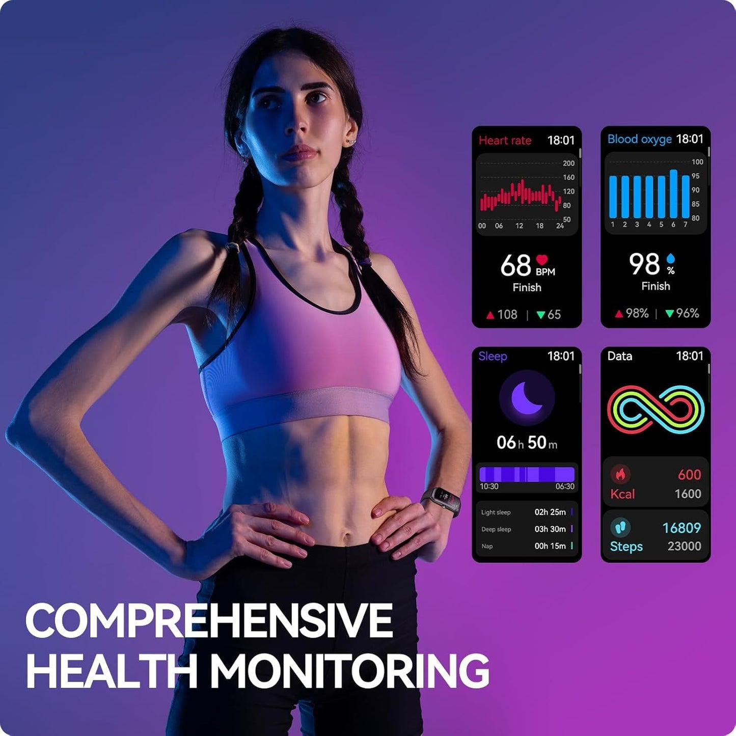 AMOLED Fitness Smartwatch - Heart Rate Monitor, Sleep Tracker, 100+ Sports Modes, IP68 Waterproof