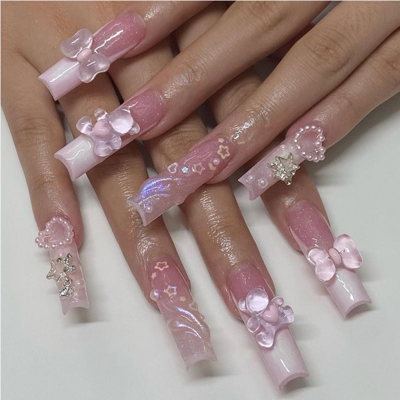 Press-On Nails 24pc | Bear Bow Kawaii Square Tip False Nails