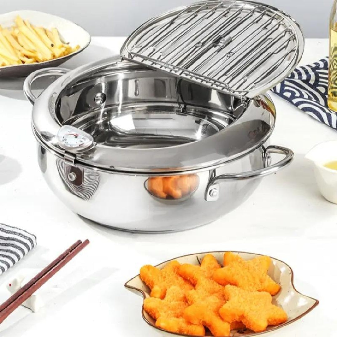 Japanese Tempura Deep Fryer Pot with Thermometer | Stainless Steel Frying Pot with Lid | Gas, Electric & Induction