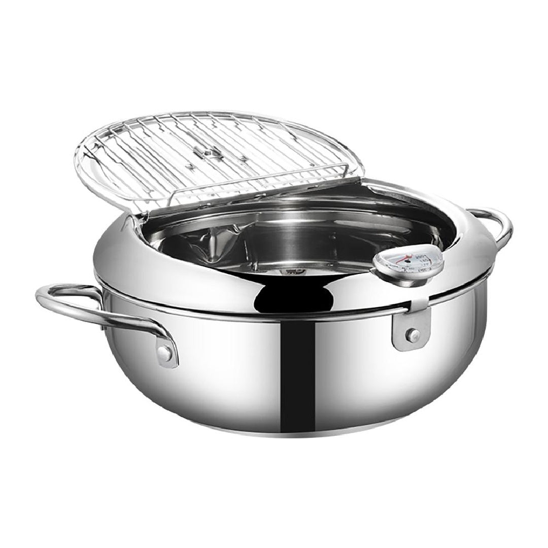 Japanese Tempura Deep Fryer Pot with Thermometer | Stainless Steel Frying Pot with Lid | Gas, Electric & Induction