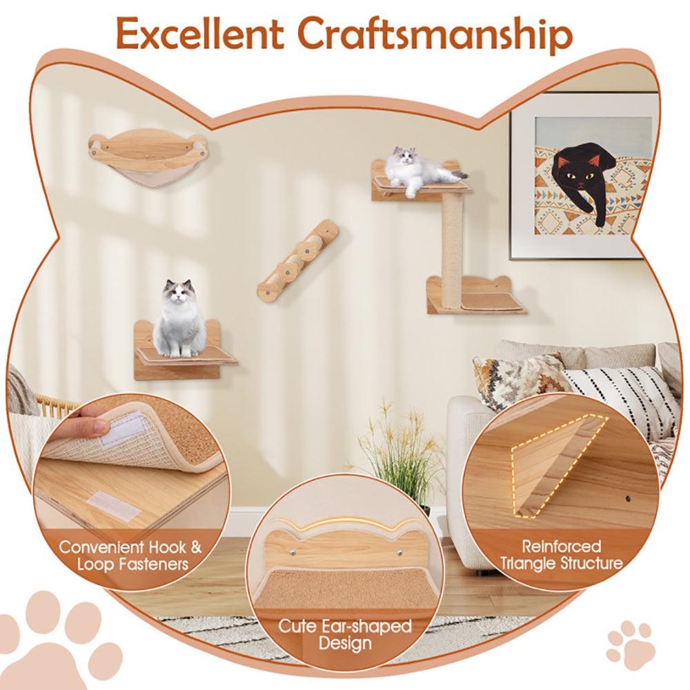 4-Piece Wall-Mounted Cat Tree with Hammock - Space-Saving Climbing Furniture for Indoor Cats