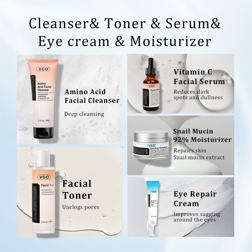 5-Step Anti-Aging Skincare Set | Vitamin C Brightening & Snail Mucin Repair System