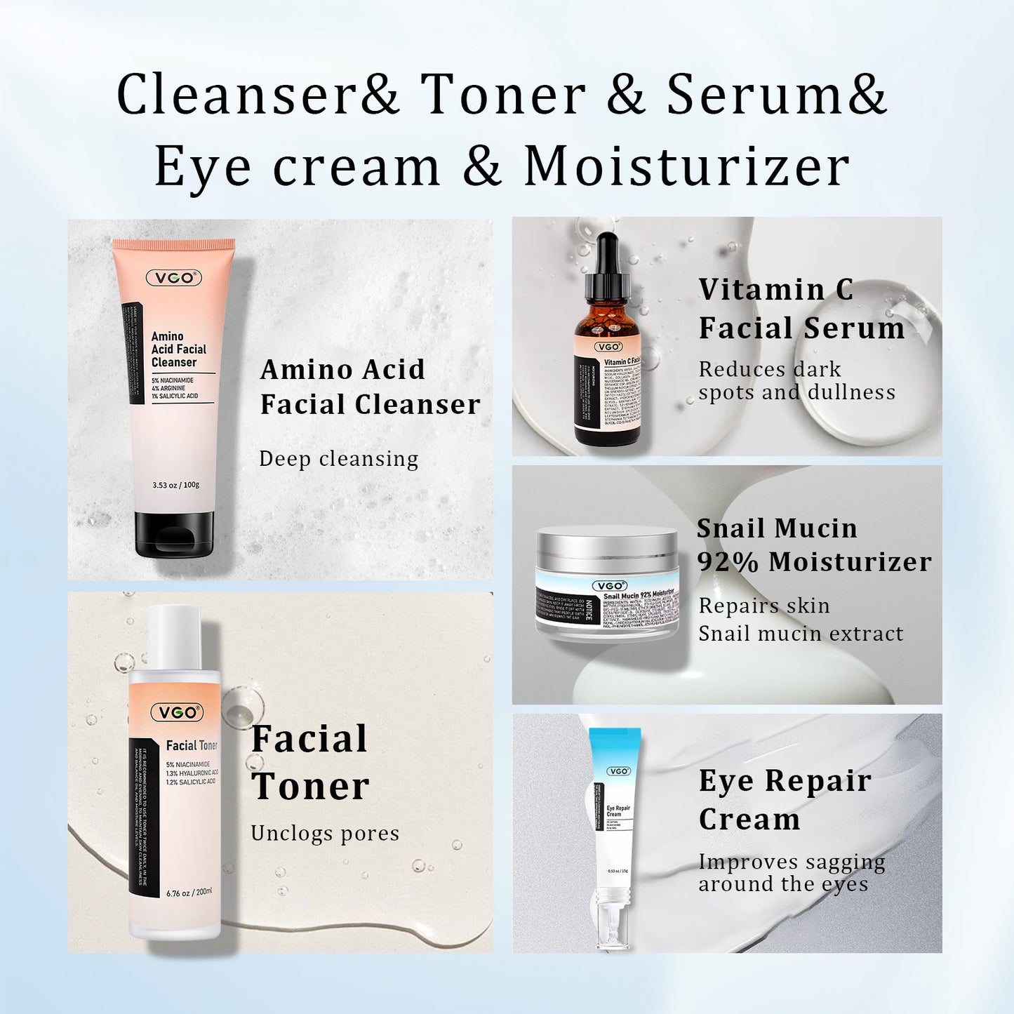 5-Step Anti-Aging Skincare Set | Vitamin C Brightening & Snail Mucin Repair System