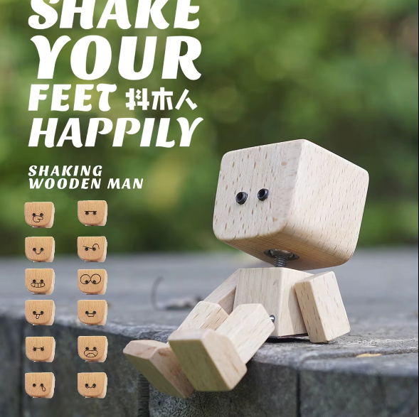 Wooden Car Dashboard Figurine | Shaking Bobblehead Man with 12 Swappable Magnetic Expressions | Funny Gift
