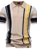 Men's Contrast Striped Knit Polo Shirt – Viscose Blend Smart Casual Top