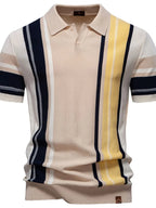 Men's Contrast Striped Knit Polo Shirt – Viscose Blend Smart Casual Top