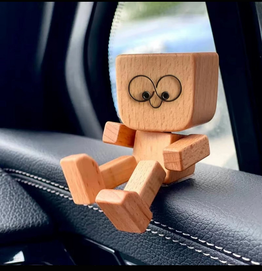Wooden Car Dashboard Figurine | Shaking Bobblehead Man with 12 Swappable Magnetic Expressions | Funny Gift