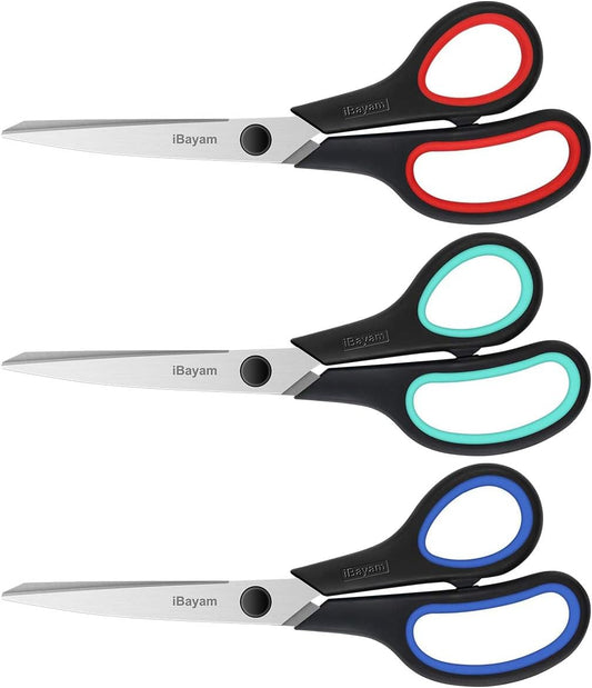 iBayam Heavy Duty Scissors – 8-Inch Ultra Sharp Stainless Steel, Comfort Grip | 3-Pack