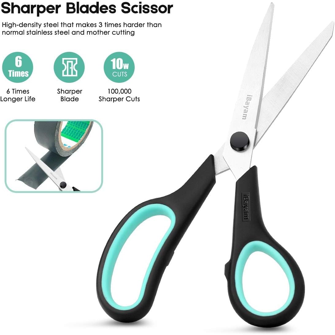 iBayam Heavy Duty Scissors – 8-Inch Ultra Sharp Stainless Steel, Comfort Grip | 3-Pack