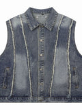 Men's Sleeveless Denim Jacket – Distressed Washed, Button-Up & 85% Cotton Blend