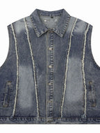 Men's Sleeveless Denim Jacket – Distressed Washed, Button-Up & 85% Cotton Blend