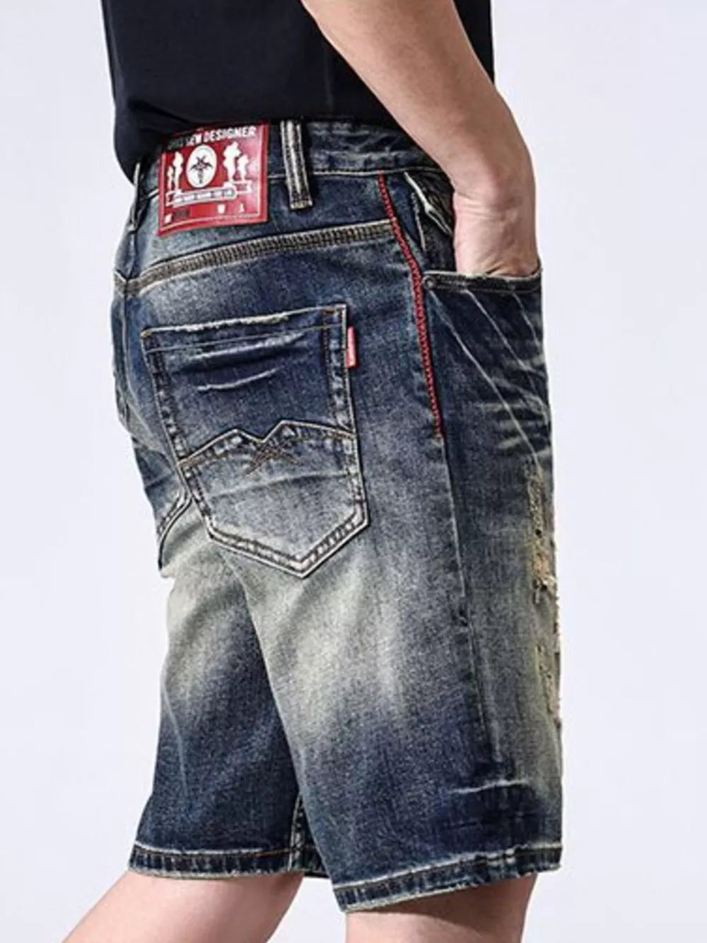 Men's Distressed Denim Shorts – 93.7% Cotton, Cat's Whisker & Washed Finish