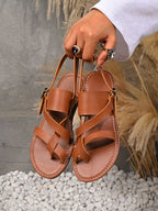Women's Leather Buckle Flat Sandals – Adjustable Strap Slip-On