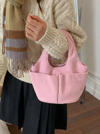 Corduroy Solid Color Handbag – Chic Medium Shoulder Bag