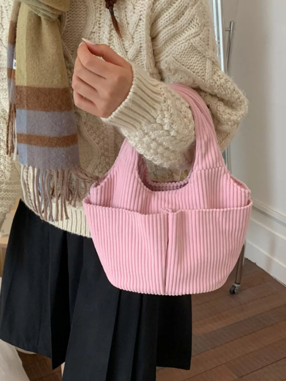 Corduroy Solid Color Handbag – Chic Medium Shoulder Bag