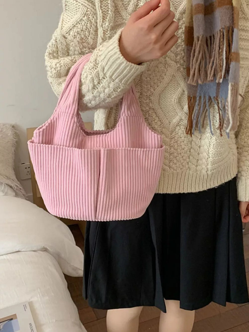 Corduroy Solid Color Handbag – Chic Medium Shoulder Bag