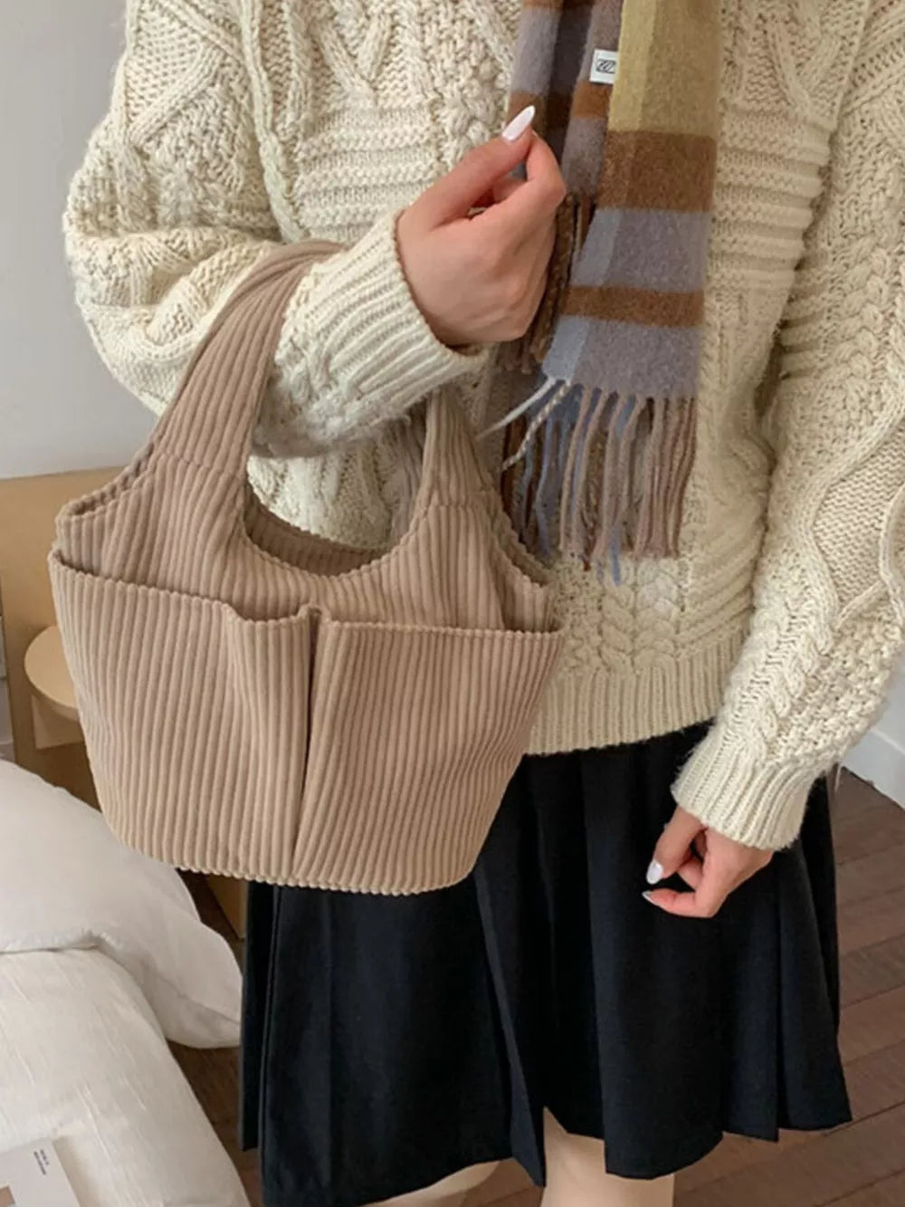 Corduroy Solid Color Handbag – Chic Medium Shoulder Bag