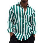 Men's Striped Button-Down Long Sleeve Shirt – Stretch Polyester Casual Top