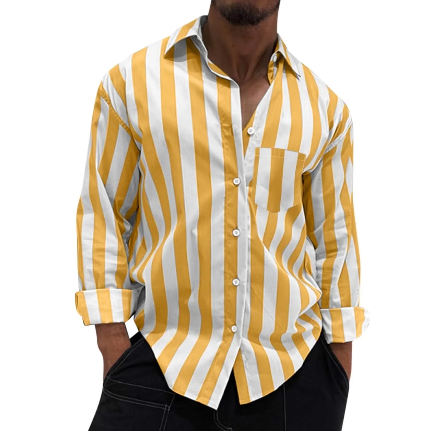 Men's Striped Button-Down Long Sleeve Shirt – Stretch Polyester Casual Top