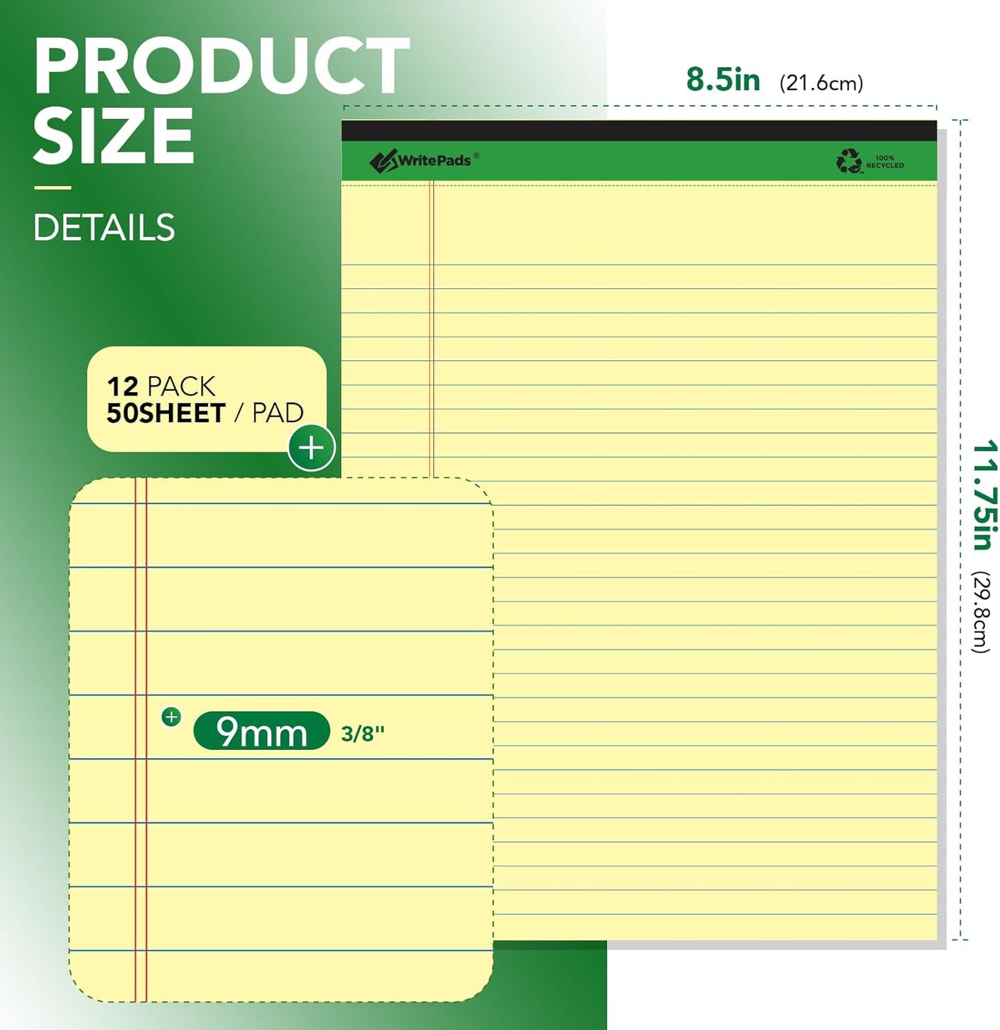 KAISA Legal Notepads 8.5×11" – 12-Pack, 600 Sheets, Wide Ruled, Recycled Paper