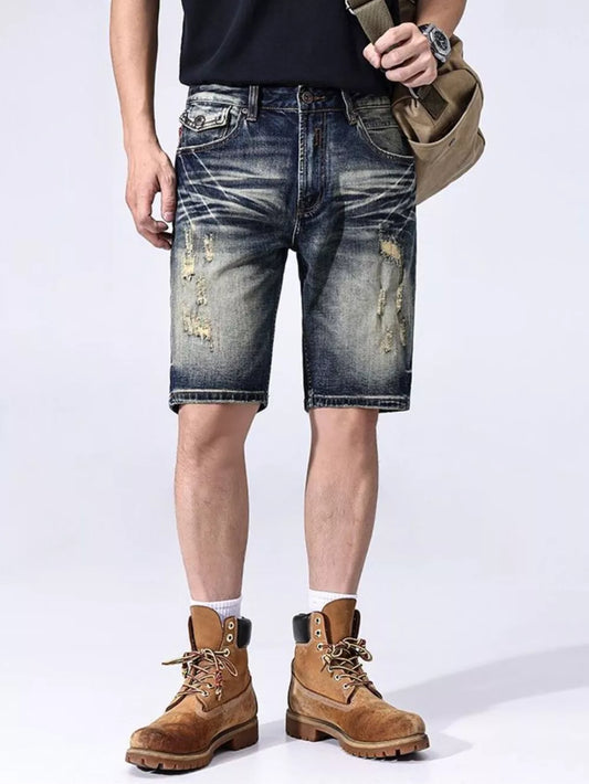 Men's Distressed Denim Shorts – 93.7% Cotton, Cat's Whisker & Washed Finish