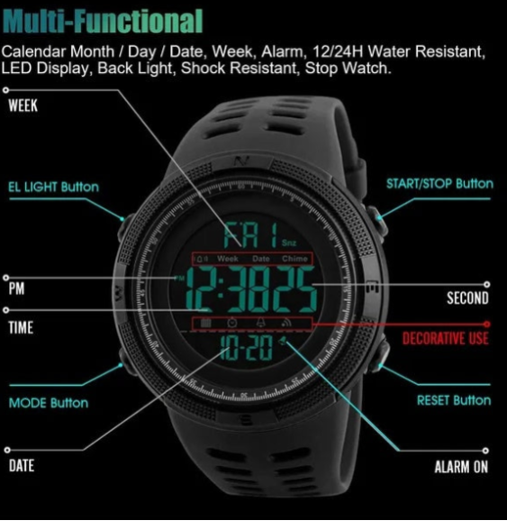 SKMEI Men's Digital Sports Watch – Military Tactical, 50M Waterproof, LED Backlight & Alarm