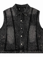 Men's Sleeveless Denim Jacket – Distressed Washed, Button-Up & 85% Cotton Blend